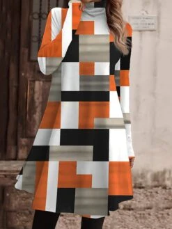 Women's Work Dress Casual Dress Fashion Winter Dress Daily Mini Dress Print Turtleneck Long Sleeve Geometric Plaid Regular Fit Yellow Pink Blue Fall Winter S M L XL XXL -Tesla Style evycnr1694156881663