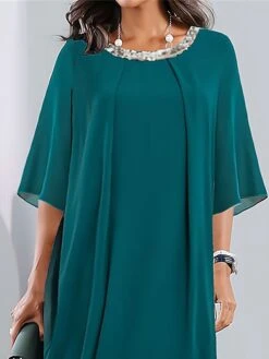 Women‘s Party Dress Cocktail Dress Wedding Guest Dress Midi Dress Green 3/4 Length Sleeve Pure Color Sparkly Glitter Sequins Spring Fall Winter Crew Neck Fashion Wedding Guest Vacation 2023 -Tesla Style evykok1694672231577