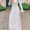 Women's Sweater Dress Winter Dress Jumper Dress Long Dress Maxi Dress Pleated Ribbed Daily Date Going Out Fashion Basic V Neck Long Sleeve 2023 Regular Fit Black White Apricot Color S M L Size -Tesla Style ewfmto1692172891248