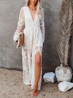 Women's Party Dress Lace Dress White Dress Long Dress Maxi Dress Black Red Wine White Long Sleeve Pure Color Mesh Winter Fall Spring V Neck Romantic Wedding Party Winter Dress 2023 S M L XL XXL