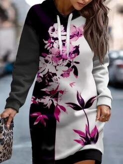 Women's Casual Dress Hoodie Dress Mini Dress Warm Fashion Outdoor Holiday Vacation V Neck Print Floral Loose Fit Red Blue Orange S M L XL XXL -Tesla Style exdyle1695278374500