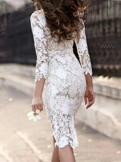 Women‘s Party Dress Wedding Guest Dress Lace Dress White Dress Knee Length Dress White 3/4 Length Sleeve Pure Color Lace Fall Spring Summer Crew Neck Party Party Vacation 2022 S M L XL -Tesla Style exjqsp1630654457971