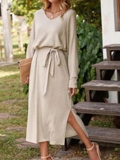 Women's Sweater Dress Winter Dress Jumper Dress Midi Dress Lace Up Split Outdoor Work Street Fashion Modern V Neck Long Sleeve 2023 Loose Fit Apricot Color S M L Size -Tesla Style exncbq1695034924445