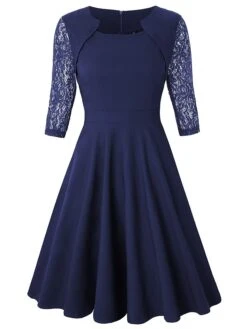 Women's Casual Dress Swing Dress Green Dress Midi Dress Wine Green 3/4 Length Sleeve Pure Color Lace Summer Spring Square Neck Party Slim 2023 S M L XL XXL -Tesla Style exoisl1639377787286