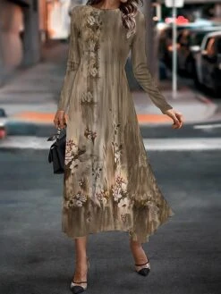 Women's Work Dress Casual Dress Semi Formal Dress Fashion Winter Dress Daily Midi Dress Print Crew Neck Long Sleeve Floral Slim Blue Brown Green Fall Winter S M L XL XXL