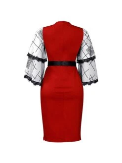 Women's Work Dress Casual Dress Black Dress Fashion Office Daily Workfashion Midi Dress Lace Up Mesh V Neck 3/4 Length Sleeve Color Block Regular Fit Black White Red Fall Winter S M L XL XXL -Tesla Style eyucft1695645205759