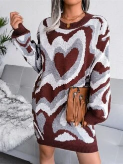 Women's Sweater Dress Jumper Dress Casual Dress Mini Dress Fashion Color Block Heart Outdoor Daily Vacation Going Out Crew Neck Long Sleeve 2023 Loose Fit Black Brown Khaki S M L -Tesla Style eyzpby1694756610631