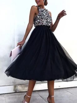 Women's Party Dress Sequin Dress Cocktail Dress Midi Dress Black Sleeveless Color Block Sequins Fall Winter Autumn Halter Neck Fashion Winter Dress Wedding Guest Birthday 2023 S M L XL