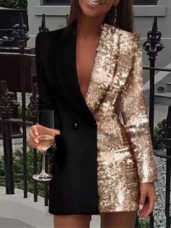 Women's Party Dress Sequin Dress Work Dress Blazer Dress And Jacket Set Mini Dress Champagne Pink Red Long Sleeve Pure Color Sequins Spring