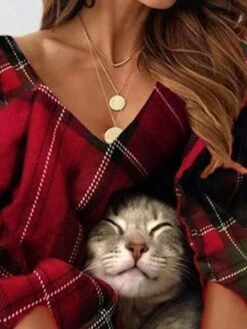 Women's Christmas Sweatshirt Dress Shift Dress Mini Dress Wine 3/4 Length Sleeve Animal Plaid Cat Print Winter Fall V Neck Vacation Casual 2022 S M L XL XXL 3XL -Tesla Style ezqxmy1667282621373