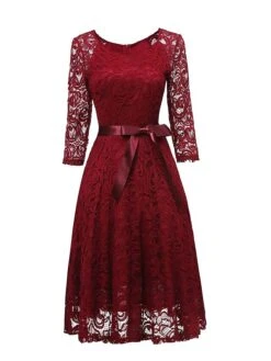 Women‘s Vintage Tea Dresses Party Dress Lace Dress Homecoming Dress Knee Length Dress Pink Wine Navy Blue 3/4 Length Sleeve Pure Color Lace Summer Spring Fall V Neck Classic Winter Dress -Tesla Style eztgjh1600920040480