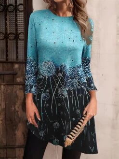 Women's Work Dress Casual Dress Fashion Winter Dress Daily Mini Dress Print Crew Neck Long Sleeve Leaf Dandelion Regular Fit Light Green Blue Green Fall Winter S M L XL XXL -Tesla Style ezzsom1694426130120
