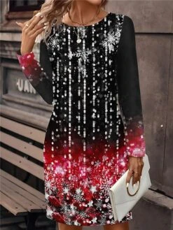 Women's Christmas Dress Casual Dress Mini Dress Active Fashion Outdoor Christmas Holiday Crew Neck Print Snowflake Loose Fit Wine Blue Gray S M L XL XXL