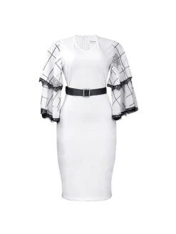 Women's Work Dress Casual Dress Black Dress Fashion Office Daily Workfashion Midi Dress Lace Up Mesh V Neck 3/4 Length Sleeve Color Block Regular Fit Black White Red Fall Winter S M L XL XXL -Tesla Style fadzyr1695645206608