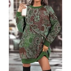 Women's Casual Dress Sweatshirt Dress Winter Dress Paisley Pocket Print Crew Neck Mini Dress Fashion Streetwear Outdoor Daily Long Sleeve Loose Fit Blue Purple Green Fall Winter S M L XL XXL -Tesla Style fannlx1695636988715