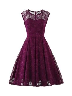 Women's Retro 1950s Vintage Tea Dresses Midi Dress Party Outdoor Lace Ruched Plain Crew Neck Sleeveless Regular Fit Summer Spring 2023 Black Pink S M L XL -Tesla Style fapslc1672986136575