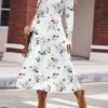 Women's Work Dress Casual Dress Swing Dress Fashion Winter Dress Daily Midi Dress Print Crew Neck Long Sleeve Floral Regular Fit White Red Blue Fall Winter S M L XL XXL