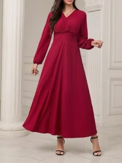 Women's Party Dress Cocktail Dress Wedding Guest Dress Long Dress Maxi Dress Red Long Sleeve Pure Color Ruched Fall Winter Autumn V Neck Fashion Winter Dress Wedding Guest Vacation 2023 S M L XL