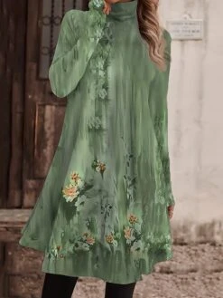 Women's Work Dress Casual Dress Fashion Winter Dress Daily Mini Dress Print Turtleneck Long Sleeve Floral Letter Regular Fit Light Pink Black Light Green Fall Winter S M L XL XXL -Tesla Style fbqpqi1694573147301