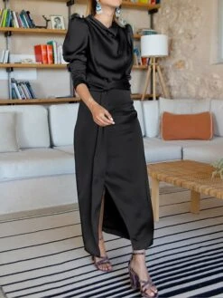 Women's Work Dress Satin Dress Semi Formal Dress Fashion Long Dress Maxi Dress Split Stand Collar Long Sleeve Plain Regular Fit Black Blue Sky Blue Fall Winter S M L XL -Tesla Style fbyrem1692761655242