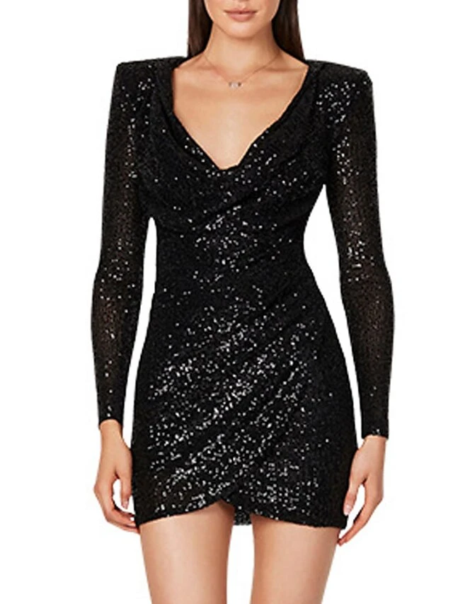 Women's Party Dress Sequin Dress Bodycon Mini Dress Black White Champagne Long Sleeve Pure Color Sequins Fall Winter V Neck Fashion Party Winter Dress Fall Dress 2023 S M L XL 8 Women's Party Dress Sequin Dress Bodycon Mini Dress Black White Champagne Long Sleeve Pure Color Sequins Fall Winter V Neck Fashion Party Winter Dress Fall Dress 2023 S M L XL - Image 6