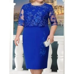 Women's Party Dress Lace Dress Cocktail Dress Midi Dress Red Navy Blue Blue Half Sleeve Pure Color Lace Summer Spring Fall Crew Neck Fashion Party Office Wedding Guest Loose Fit 2023 S M L XL XXL 3XL -Tesla Style fcmfos1656915824813
