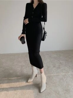 Women‘s Sweater Dress Winter Dress Sheath Dress Midi Dress Black White Green Long Sleeve Pure Color Button Fall Winter Autumn V Neck Stylish Winter Dress Fall Dress 2023 One-Size -Tesla Style fcugen1665656620899
