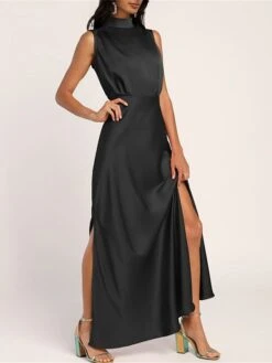Women's Prom Dress Party Dress Satin Dress Long Dress Maxi Dress Black Light Green Wine Sleeveless Pure Color Split Summer Spring Stand Collar Fashion Evening Party Wedding Guest Vacation Loose Fit -Tesla Style fcvcxa1678413533556