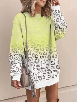 Women's Casual Dress Sweatshirt Dress Mini Dress Warm Fashion Outdoor Vacation Going Out Crew Neck Print Leopard Loose Fit Yellow Pink Blue S M L XL XXL -Tesla Style fdeejl1694058869883