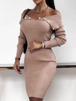 Women's Sweater Dress Winter Dress Jumper Dress Mini Dress Button Ribbed Street Daily Holiday Fashion Streetwear Off Shoulder Short Sleeve 2023 Slim Black Dark Pink Blue Color S M L XL XXL Size -Tesla Style fdegki1693221848983