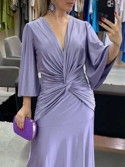 Women's Prom Dress Party Dress Satin Dress Long Dress Maxi Dress Purple 3/4 Length Sleeve Pure Color Ruched Spring Fall Winter V Neck Fashion Winter Dress Evening Party Wedding Guest 2023 S M L XL -Tesla Style fdgmgc1692786922171