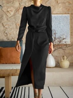 Women's Work Dress Satin Dress Semi Formal Dress Fashion Long Dress Maxi Dress Split Stand Collar Long Sleeve Plain Regular Fit Black Blue Sky Blue Fall Winter S M L XL -Tesla Style fdonsc1692761653220