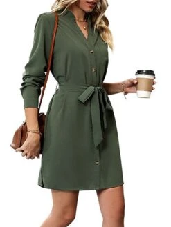 Women's Work Dress Casual Dress Semi Formal Dress Fashion Office Daily Workfashion Mini Dress Lace Up Button V Neck Long Sleeve Plain Loose Fit Army Green Fall Winter S M L XL -Tesla Style fdypok1695096213787