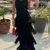 Women's Prom Dress Party Dress Fringe Dress Midi Dress Black Green Sleeveless Pure Color Tassel Fringe Fall Winter Autumn U Neck Vintage Vacation 2023 S M L -Tesla Style fecjou1695208429795