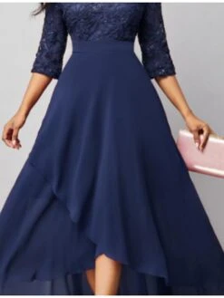 Women‘s Formal Party Dress Maxi Long Dress Navy Blue 3/4 Length Sleeve Print Pure Color Ruched Lace Fall Winter V Neck Elegant Fashion Modern 2023 3XL -Tesla Style fefbfd1669449012792