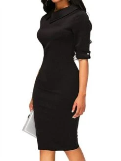 Women's Work Dress Sheath Dress Semi Formal Dress Fashion Office Daily Workfashion Midi Dress Ruched Shirt Collar Half Sleeve Plain Slim Black Wine Navy Blue Fall Winter S M L XL XXL -Tesla Style fehxin1695030995635
