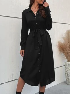 Women's Work Dress Casual Dress Black Dress Fashion Office Daily Workfashion Midi Dress Lace Up Button Shirt Collar Long Sleeve Plain Loose Fit Black Fall Winter S M L XL -Tesla Style fenbsr1695105091245