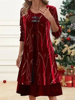 Women's Christmas Party Dress Black Velvet Dress Cocktail Dress Midi Dress Black Burgundy Royal Blue Long Sleeve Pure Color Patchwork Spring Fall Winter