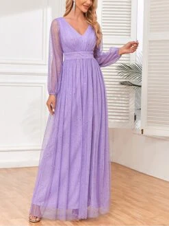 Women‘s Prom Dress Party Dress Sequin Dress Long Dress Maxi Dress Purple Long Sleeve Pure Color Sparkly Glitter Sequins Fall Winter Autumn V Neck Fashion Wedding Guest Birthday Evening Party -Tesla Style ffafmo1693535470229