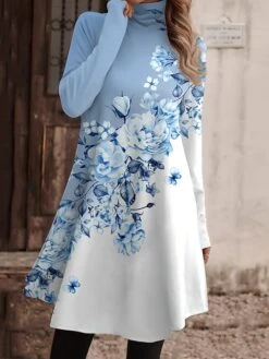 Women's Work Dress Casual Dress Fashion Winter Dress Daily Mini Dress Print Turtleneck Long Sleeve Floral Regular Fit Pink Navy Blue Blue Fall Winter S M L XL XXL -Tesla Style ffzlct1694156912086