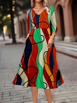 Women's Work Dress Swing Dress A Line Dress Fashion Midi Dress Pocket Print V Neck 3/4 Length Sleeve Geometric Color Block Regular Fit Black Red Brown Fall Winter S M L XL XXL
