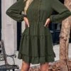 Women's Work Dress Casual Dress Fashion Winter Dress Daily Mini Dress Ruched Ruffle Crew Neck Long Sleeve Plain Loose Fit Brown Army Green Apricot Fall Winter S M L XL -Tesla Style fgjema1695645250196