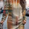 Women's Casual Dress Hoodie Dress Winter Dress Geometric Color Block Print Hooded Mini Dress Fashion Streetwear Outdoor Daily Long Sleeve Loose Fit Brown Fall Winter S M L XL XXL -Tesla Style fgmobx1694425545972