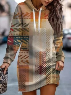 Women's Casual Dress Hoodie Dress Winter Dress Geometric Color Block Print Hooded Mini Dress Fashion Streetwear Outdoor Daily Long Sleeve Loose Fit Brown Fall Winter S M L XL XXL