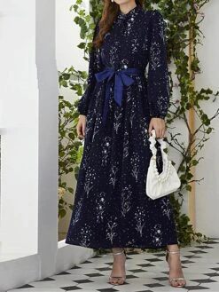 Women's Party Dress Cocktail Dress Wedding Guest Dress Long Dress Maxi Dress Blue Dark Blue Long Sleeve Flower Lace Up Fall Winter Autumn Crew Neck Fashion Winter Dress Wedding Guest Vacation 2023 S -Tesla Style fgpart1695111591110