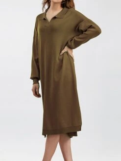 Women's Sweater Dress Jumper Dress Winter Dress Midi Dress Warm Plain Outdoor Holiday Vacation Going Out Lapel Long Sleeve 2023 Loose Fit Black Blue Brown One Size -Tesla Style fgrkou1697767692540