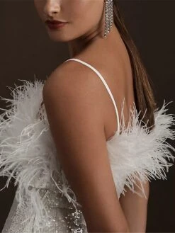 Women‘s Party Dress Sequin Dress Feather Dress Homecoming Dress Mini Dress White Sleeveless Pure Color Sparkly Glitter Sequins Spring Fall Winter Spaghetti Strap Fashion Winter Dress Wedding -Tesla Style fhjwnw1692167813813