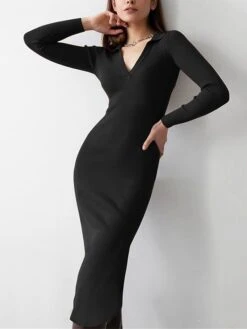 Women's Sweater Dress Winter Dress Jumper Dress Midi Dress Ruched Street Daily Holiday Fashion Streetwear V Neck Long Sleeve 2023 Regular Fit Black White Dark Gray Color S M L Size -Tesla Style fhmkiu1692938580053