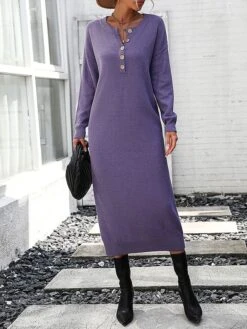 Women's Sweater Dress Winter Dress Jumper Dress Midi Dress Button Daily Date Going Out Fashion Basic Crew Neck Long Sleeve 2023 Loose Fit Black White Purple Color S M L XL Size -Tesla Style fhnmmv1691991562209
