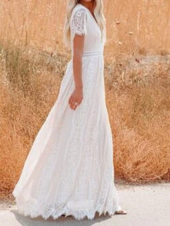 Women's Party Dress Lace Dress White Dress Long Dress Maxi Dress White Pink Half Sleeve Pure Color Lace Summer Spring Fall V Neck Gothic Party Spring Dress 2022 S M L XL XXL -Tesla Style fhozad1632824133041